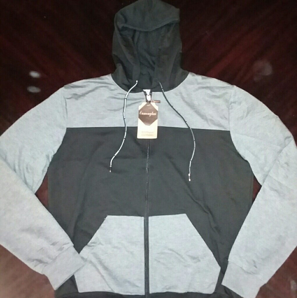 Gray and black mens or womens zippered jacket with pockets